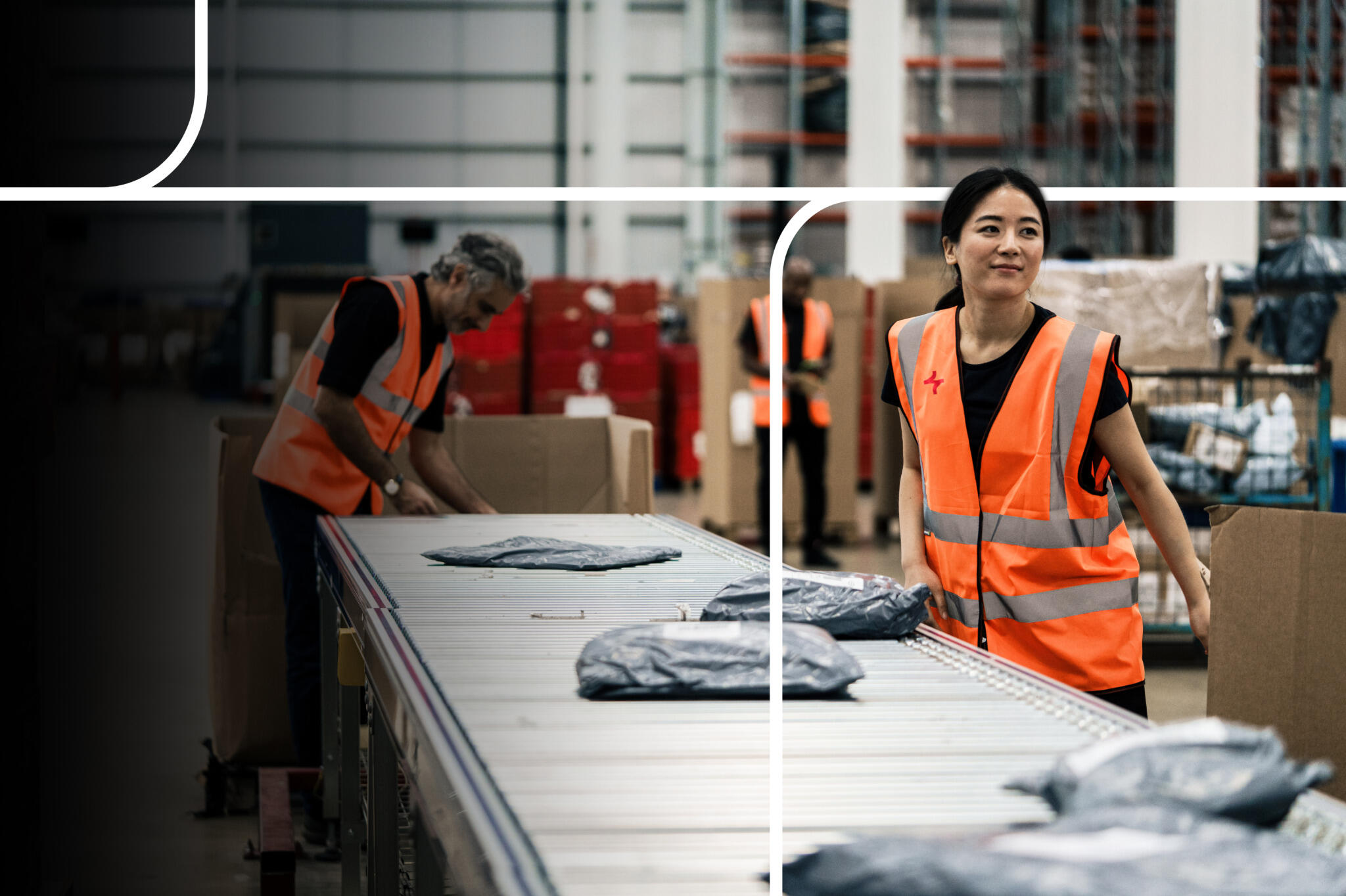 Worker in an orange high-visibility vest with the Landmark Global logo in a warehouse setting.
