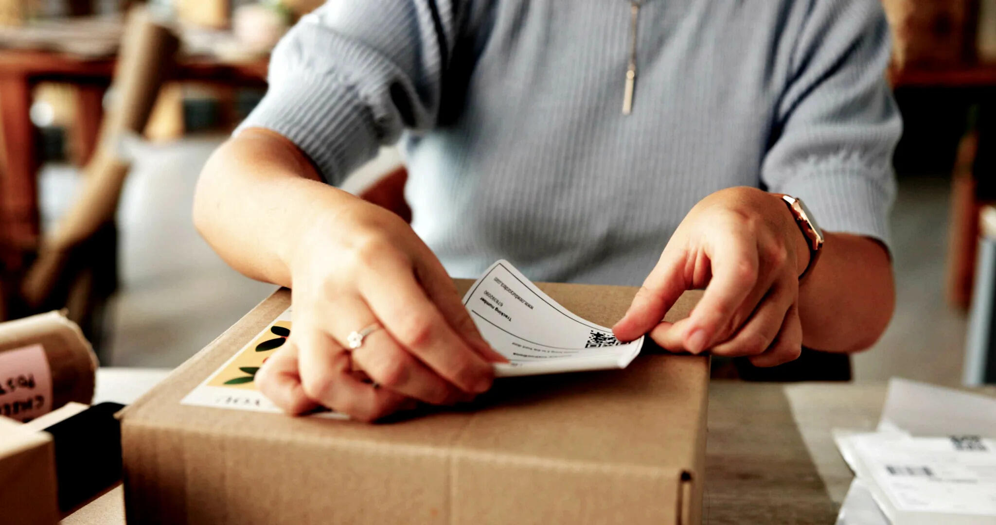Hands applying a shipping label to a cardboard box, highlighting Landmark Global's e-commerce logistics and fulfillment solutions.